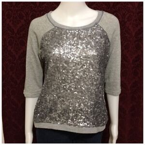 Anthropologie Silence + Noise Gray Silver  Sequin Front Raglan Sleeve Sweatshirt